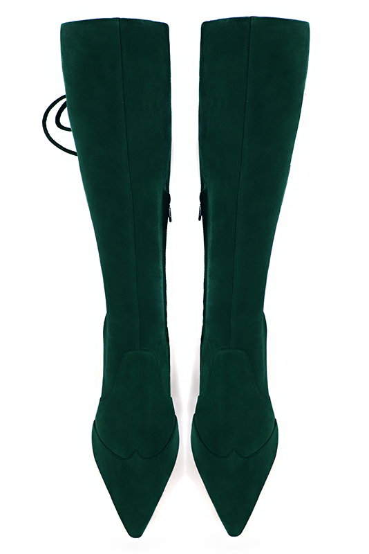Forest green women's knee-high boots, with laces at the back. Tapered toe. Very high block heels. Made to measure. Top view - Florence KOOIJMAN